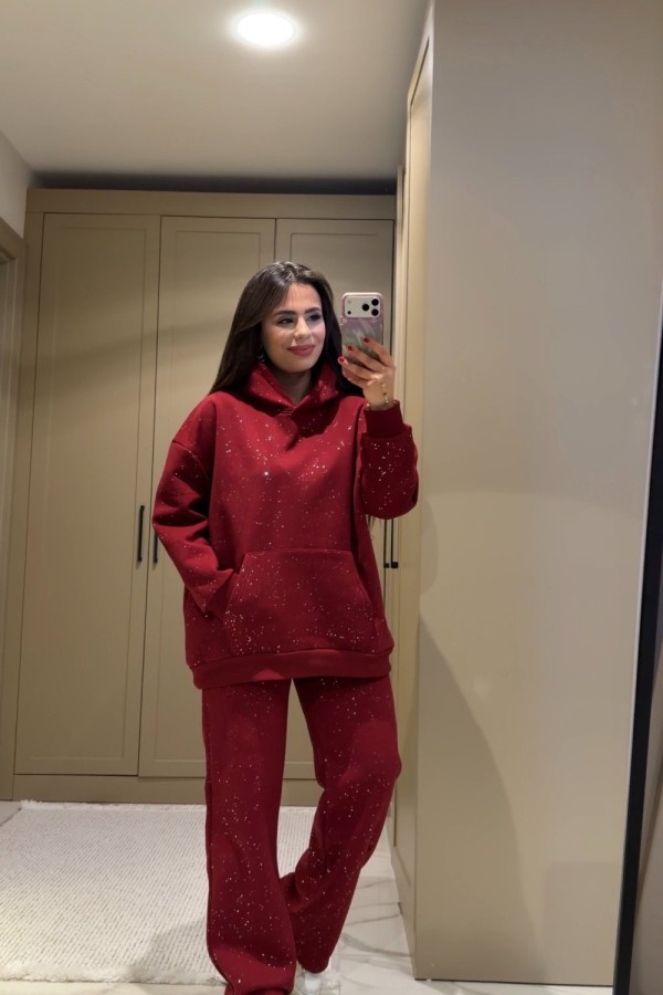 ŞEYMA SİMLİ ŞARDONLU TAKIM BORDO Bordo