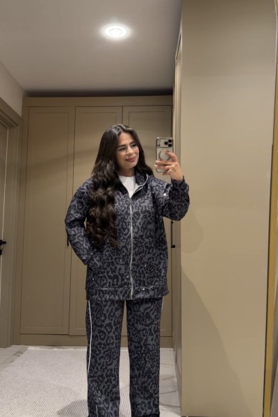TAŞLI LEOPAR TAKIM GRİ  Siyah