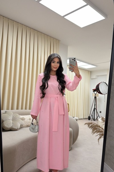 BAYRAMLIK TAŞLI ELBİSE PEMBE  Pembe
