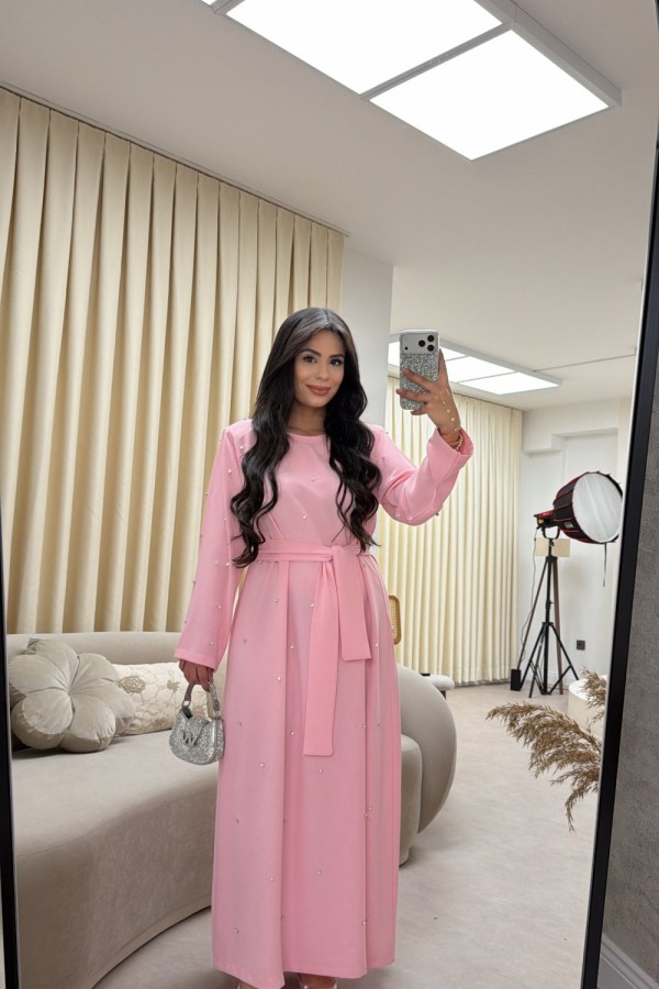 BAYRAMLIK TAŞLI ELBİSE PEMBE  Pembe