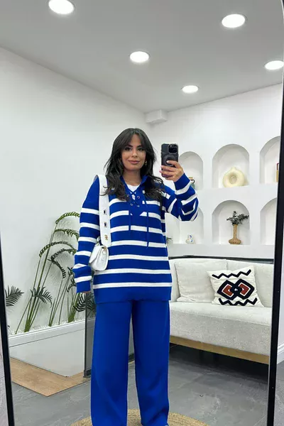 Bağcıklı Triko Takım-Saks