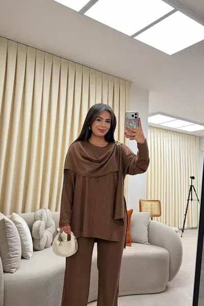 ŞAL DETAY GOLD DÜĞMELİ TAKIM KAHVERENGİ (29 ARALIK KARGO ÇIKIŞI)